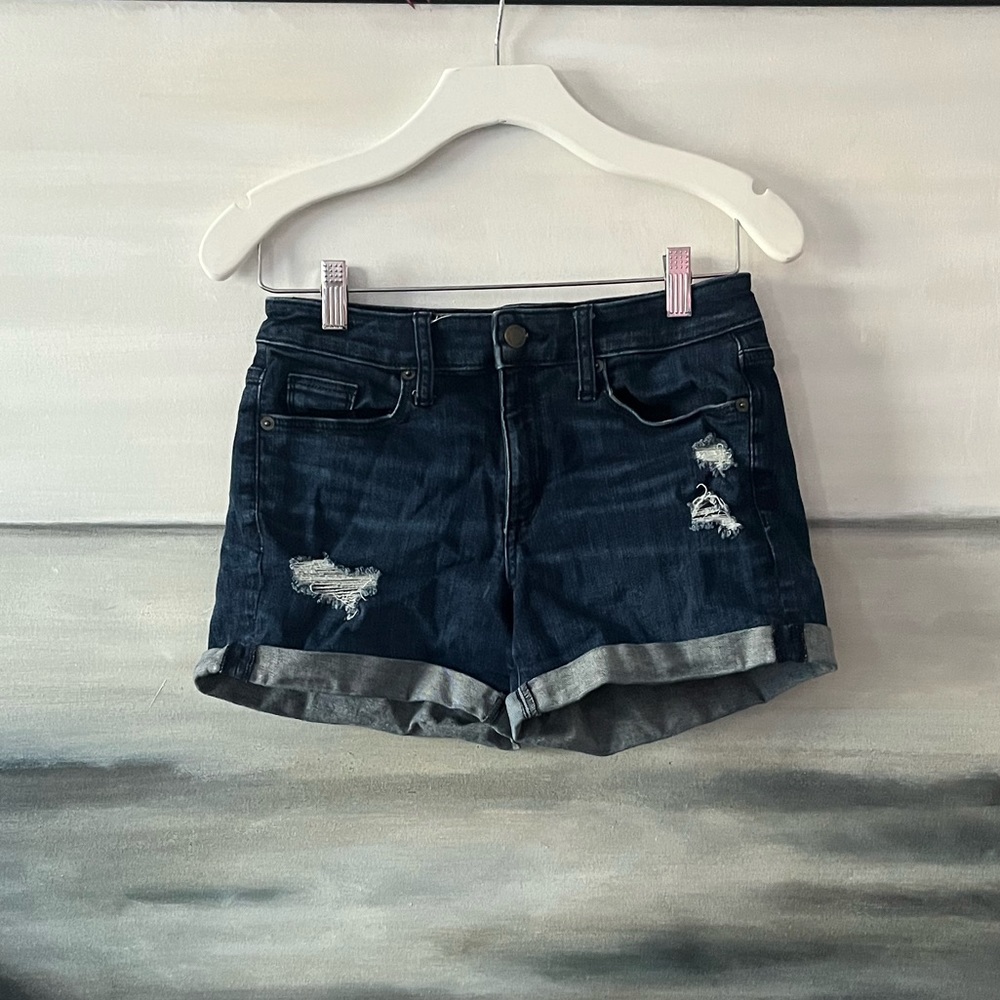 women's dark lightly distressed jean shorts